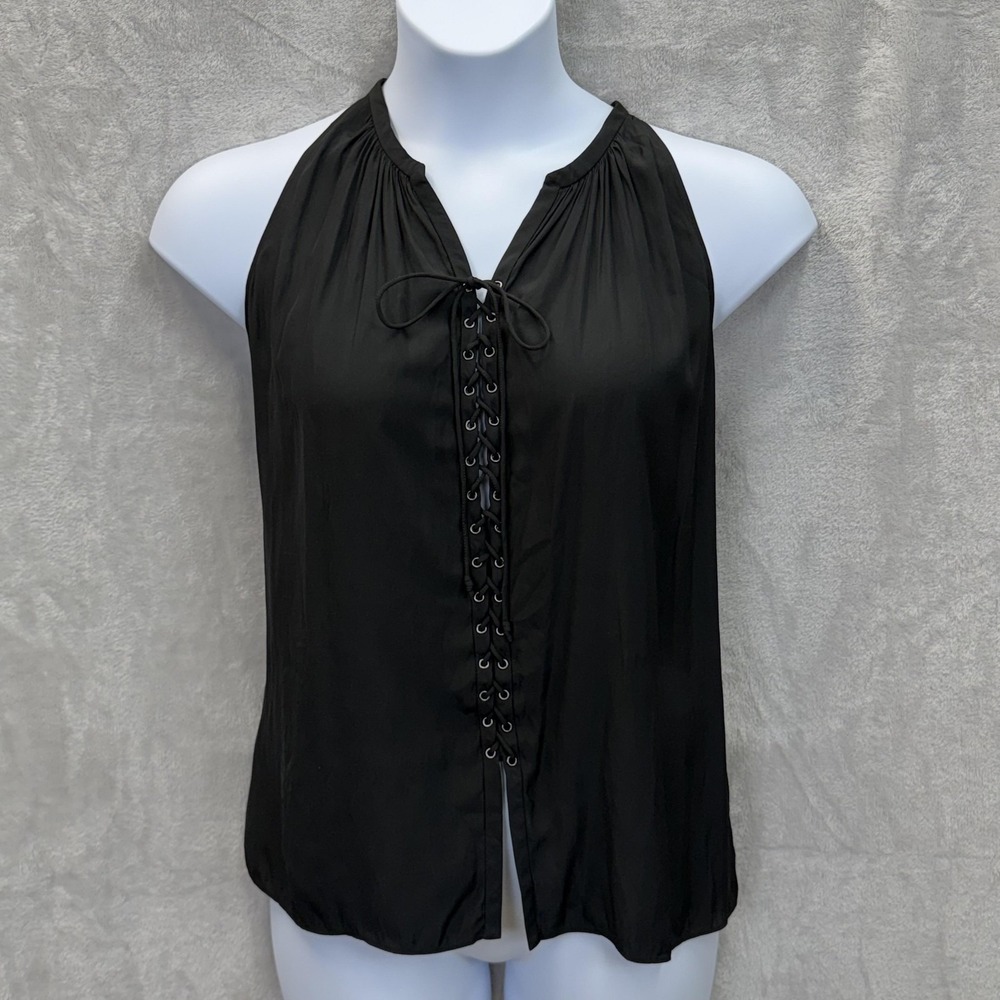 Ramy Brook Blouse Womens M Black Halter‎ Front Lace-Up Bow Sleeveless Chiffon - Picture 2 of 8